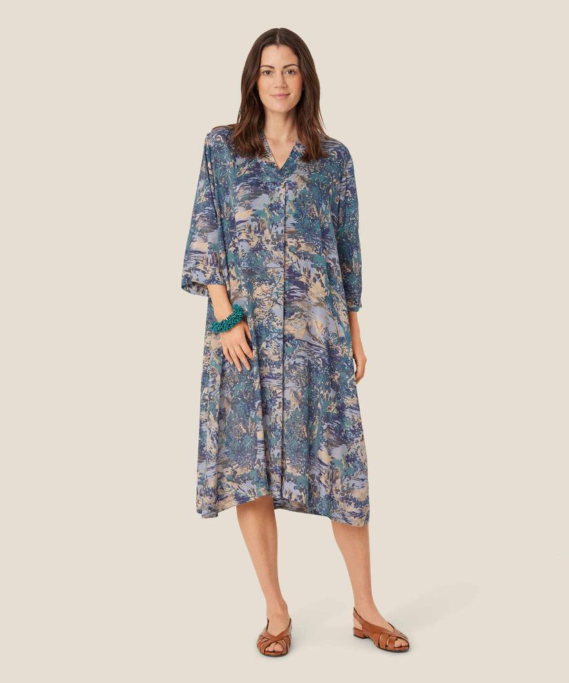 robe en viscose avec col en V et manches trois-quarts, Teal