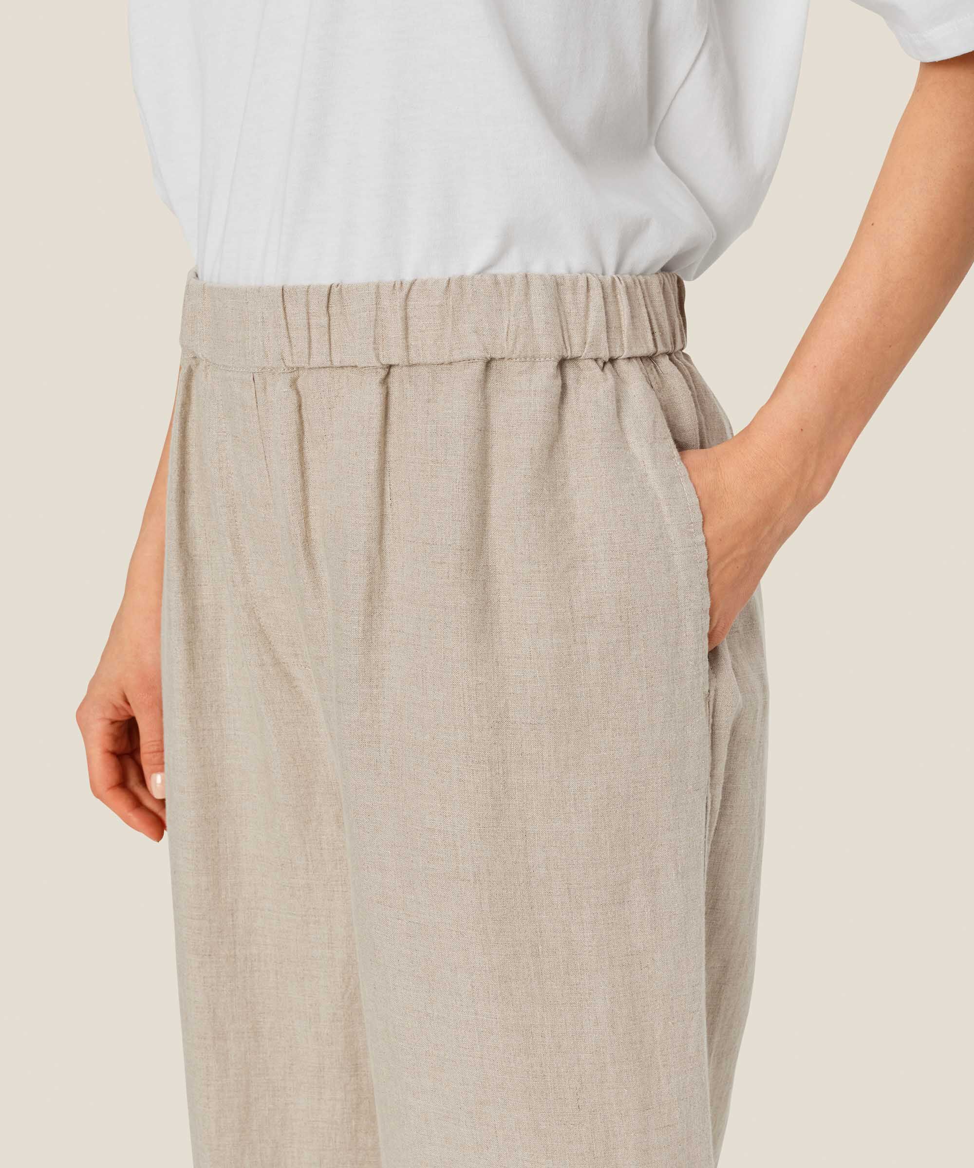 pantalon en lin à jambes larges et taille élastique, Natural