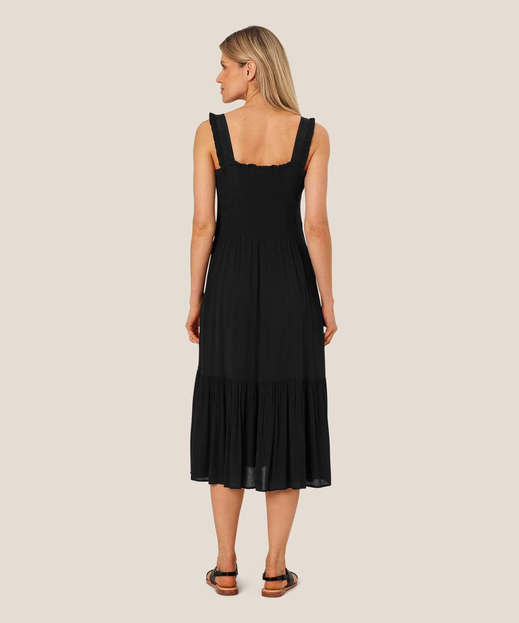 robe en viscose à bretelles et smocks sur la poitrine, Black