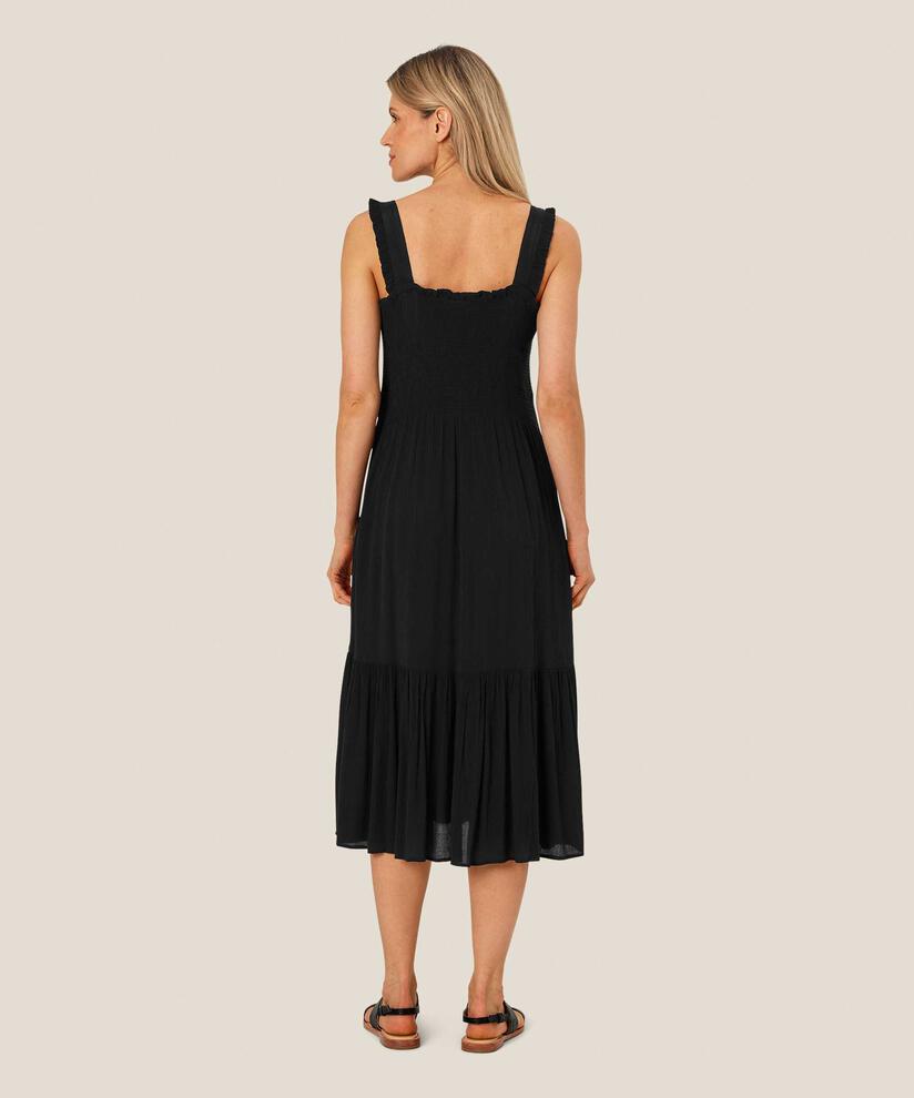 robe en viscose à bretelles et smocks sur la poitrine, Black