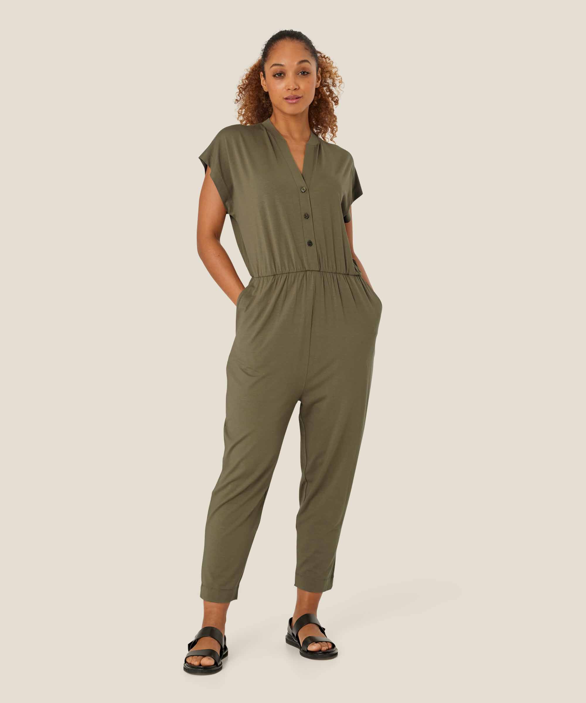 combinaison en jersey avec col en V et boutons, Dusky Green
