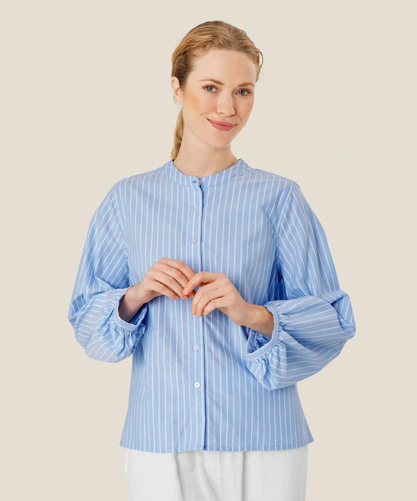 chemise en coton rayé à col chinois, Blue Bonnet