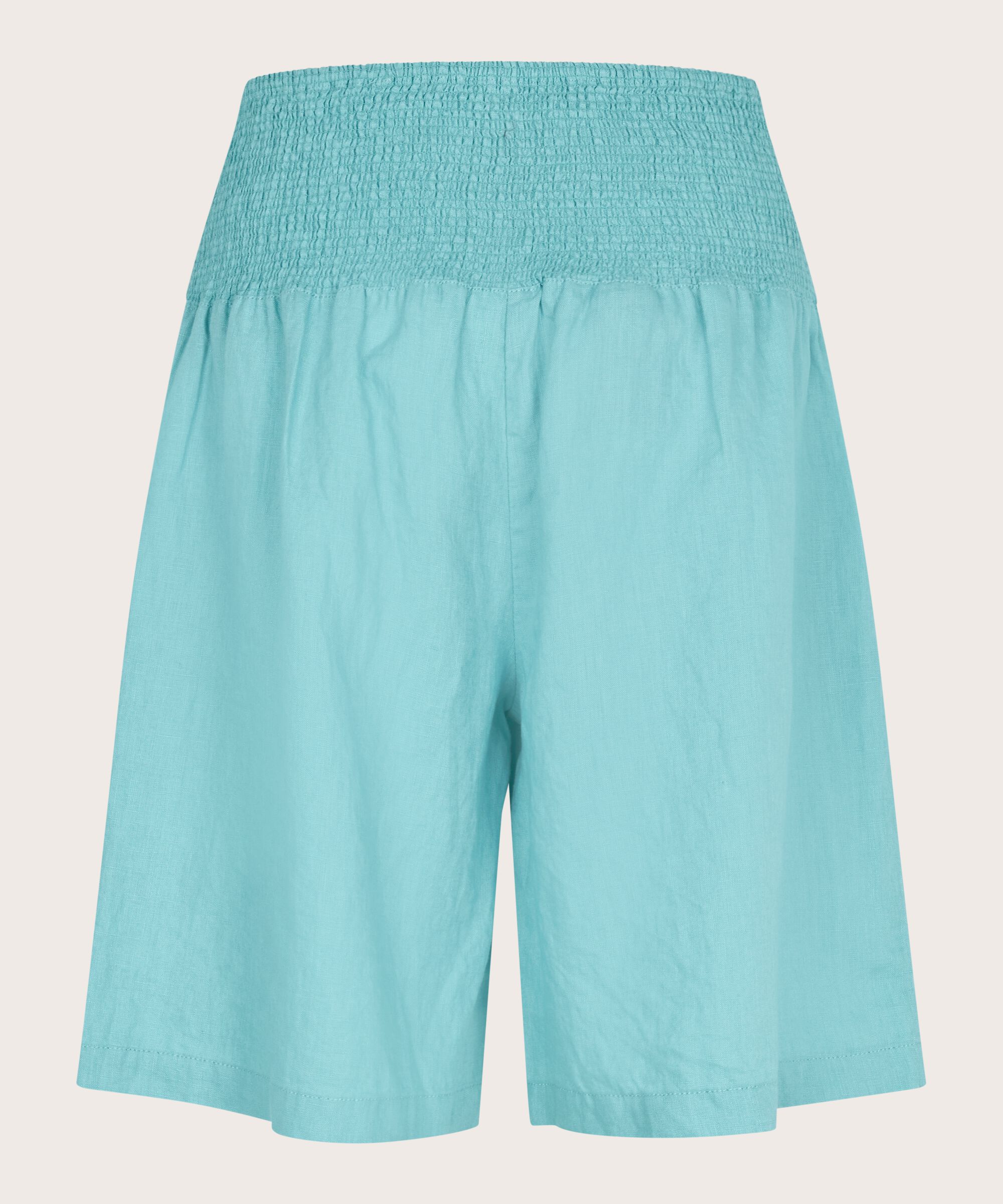 Short En Lin Avec Élastique Smocké Au Dos, Aqua