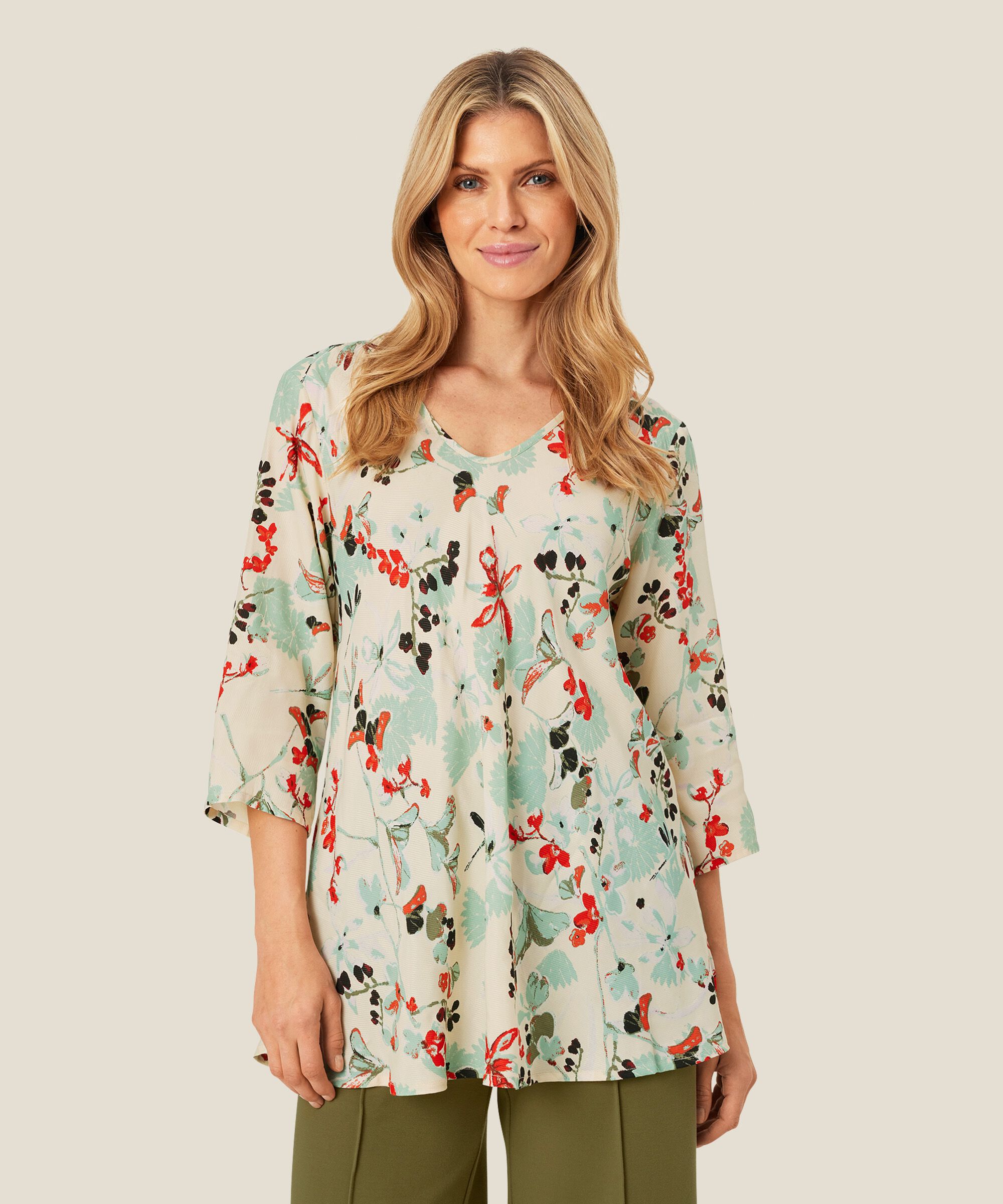 Top En Viscose À Motif À Manches Trois-quarts, Frosty Green