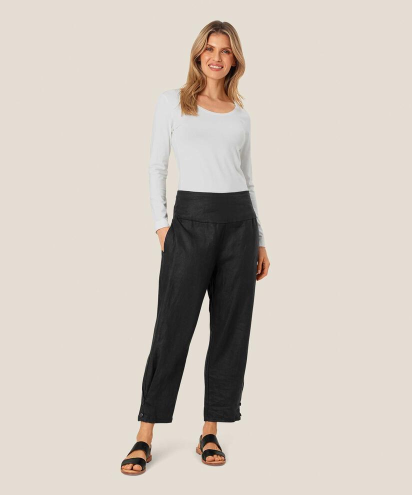 pantalon en lin avec large élastique smocké au dos et détail boutonné, Black