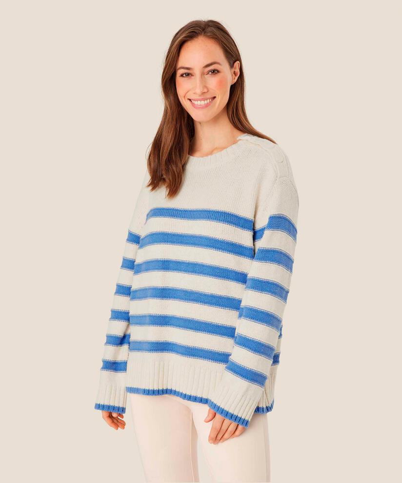 pull en maille avec bouton sur l'épaule, BlueB/Whc