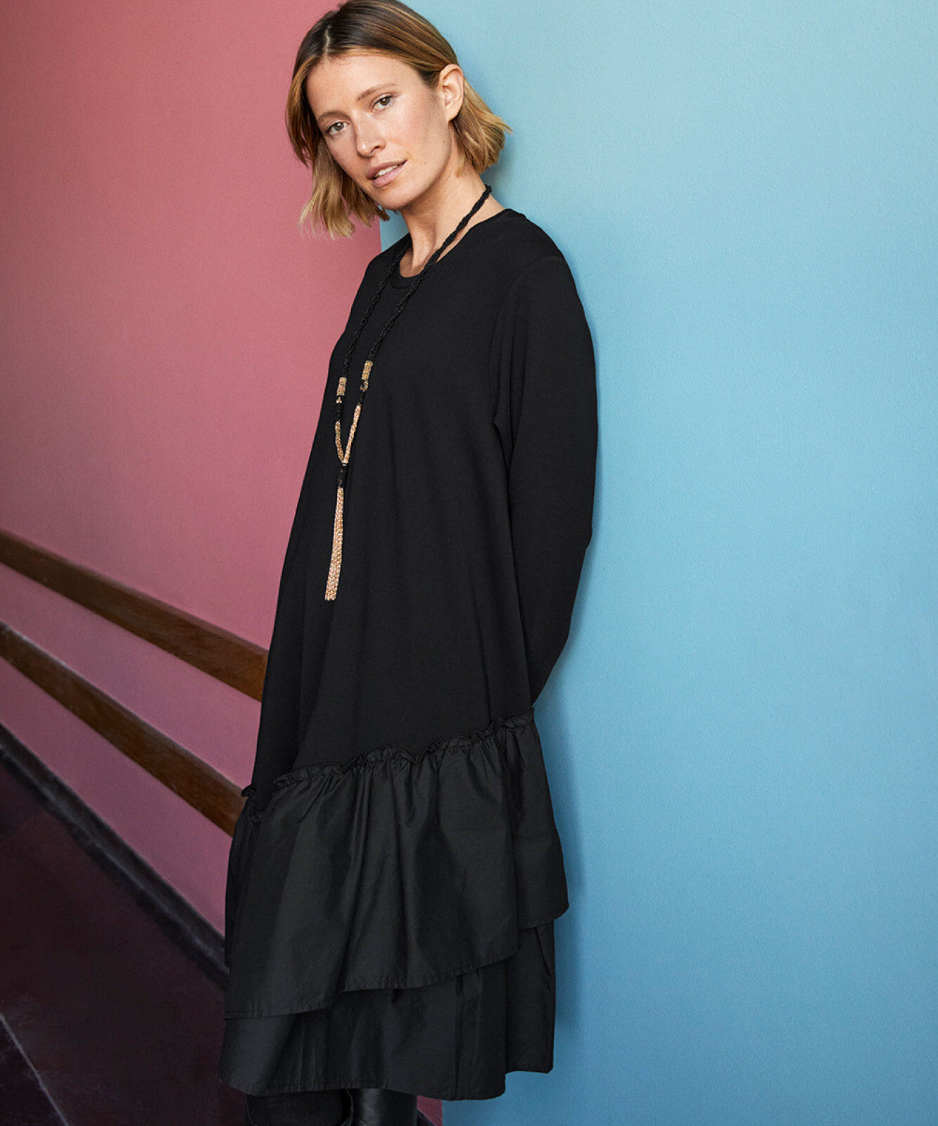 robe &agrave; manches longues en jersey, Black