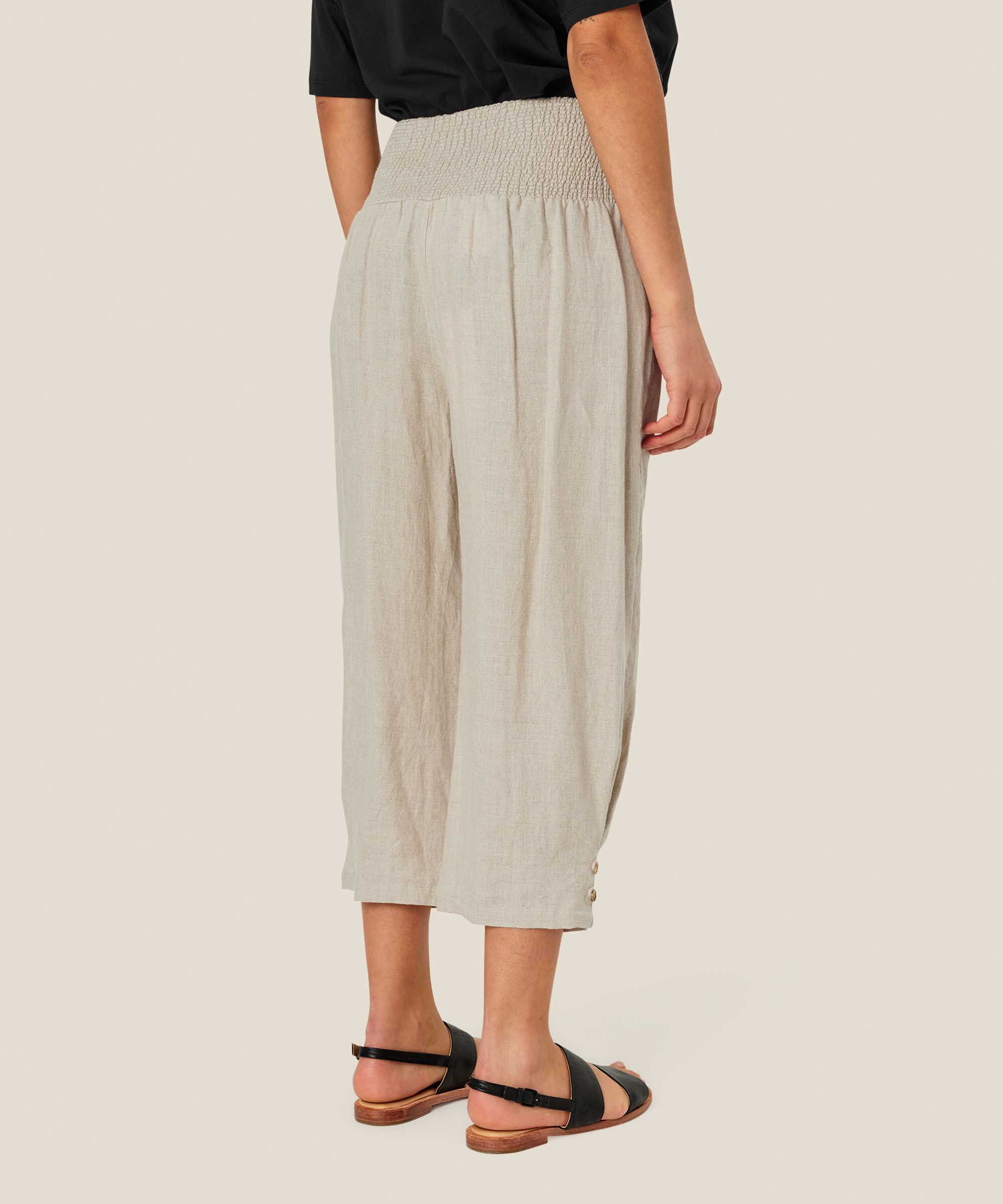 pantalon en lin avec large élastique smocké au dos, Natural