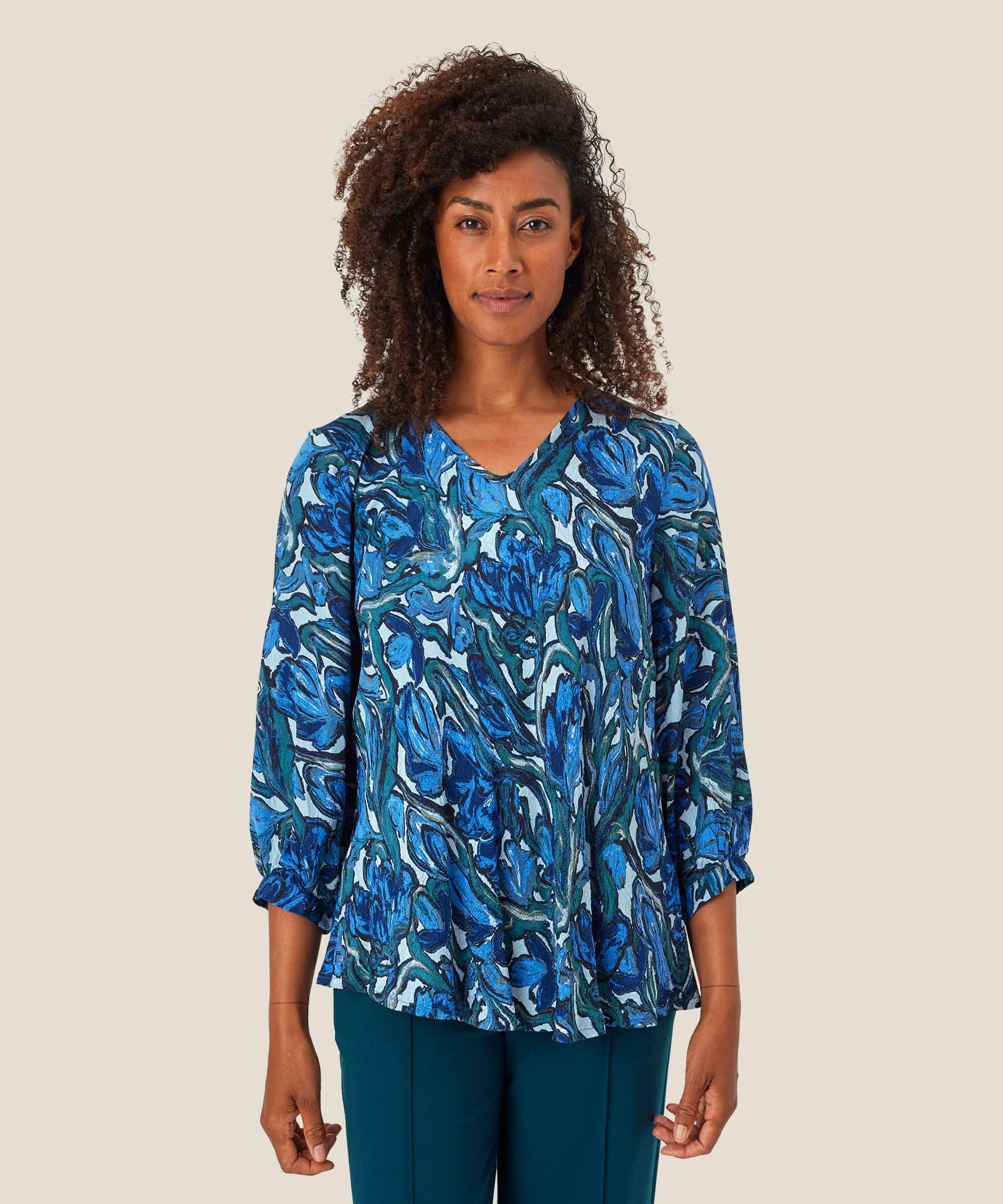 Blouse En Viscose Imprimée À Col V, Blue Fog