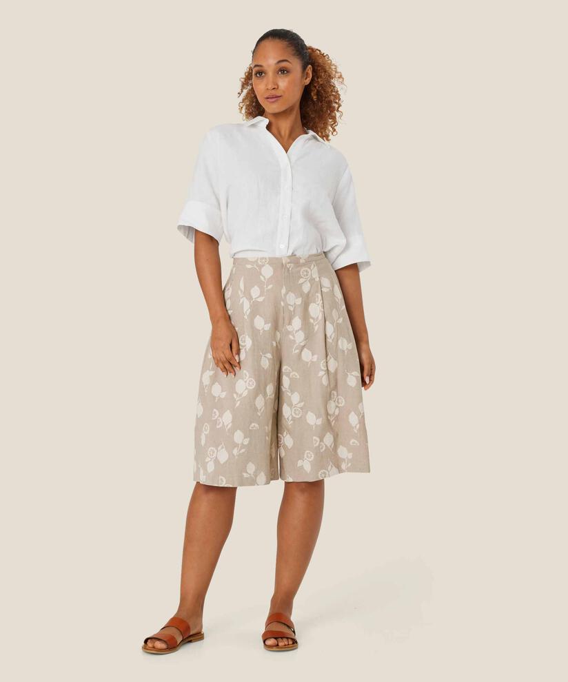 short imprimé en lin mélangé avec taille fixe, Natural