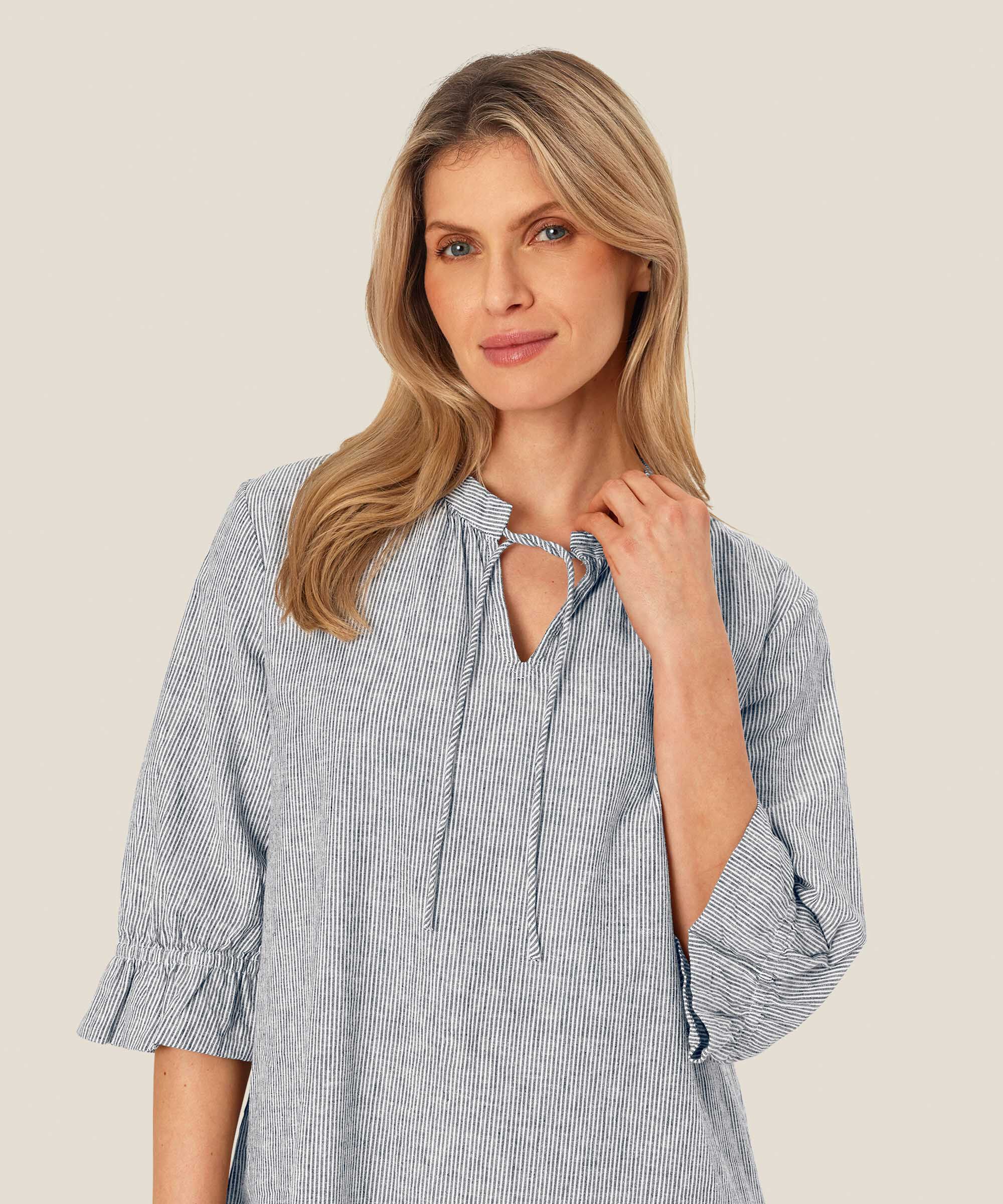 robe rayée en lin mélangé avec lien au cou, Black