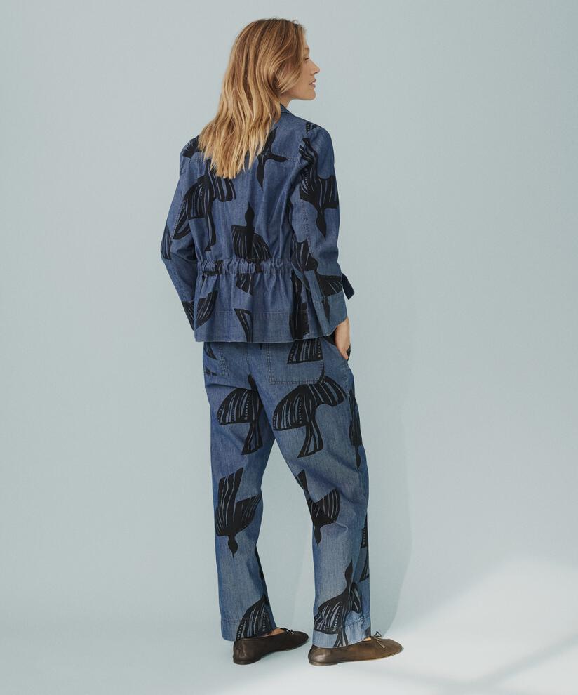 veste en jean imprimée avec lien à la taille, Dark Denim