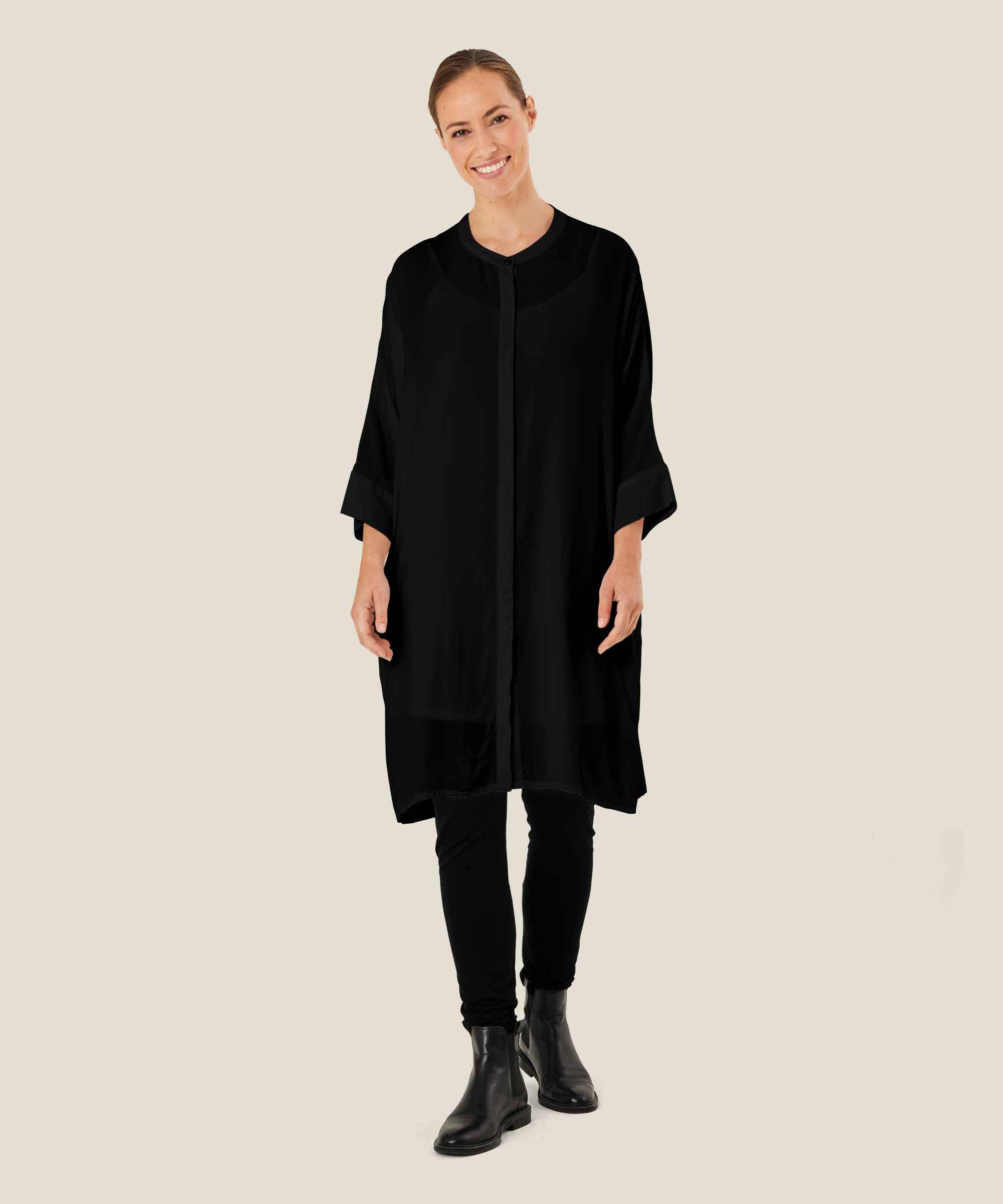 Robe Chemise En Viscose À Manches Trois-quarts, Black