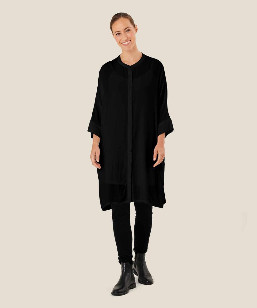 Robe Chemise En Viscose À Manches Trois-quarts, Black