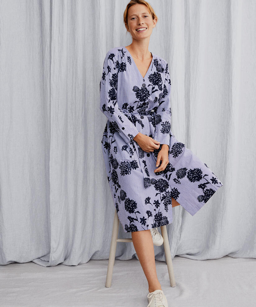 robe en coton avec col en V et ceinture amovible, Maritime Blue