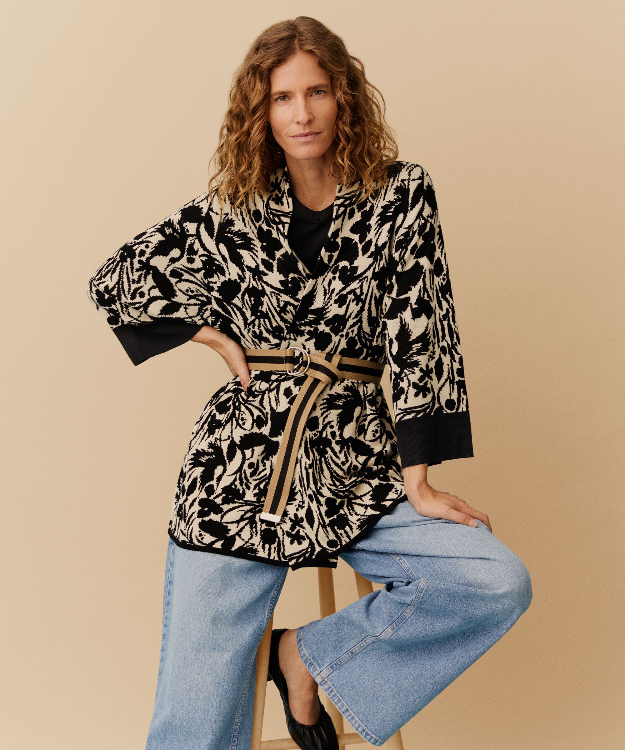 cardigan ouvert avec motif tricoté et bord contrasté, Black