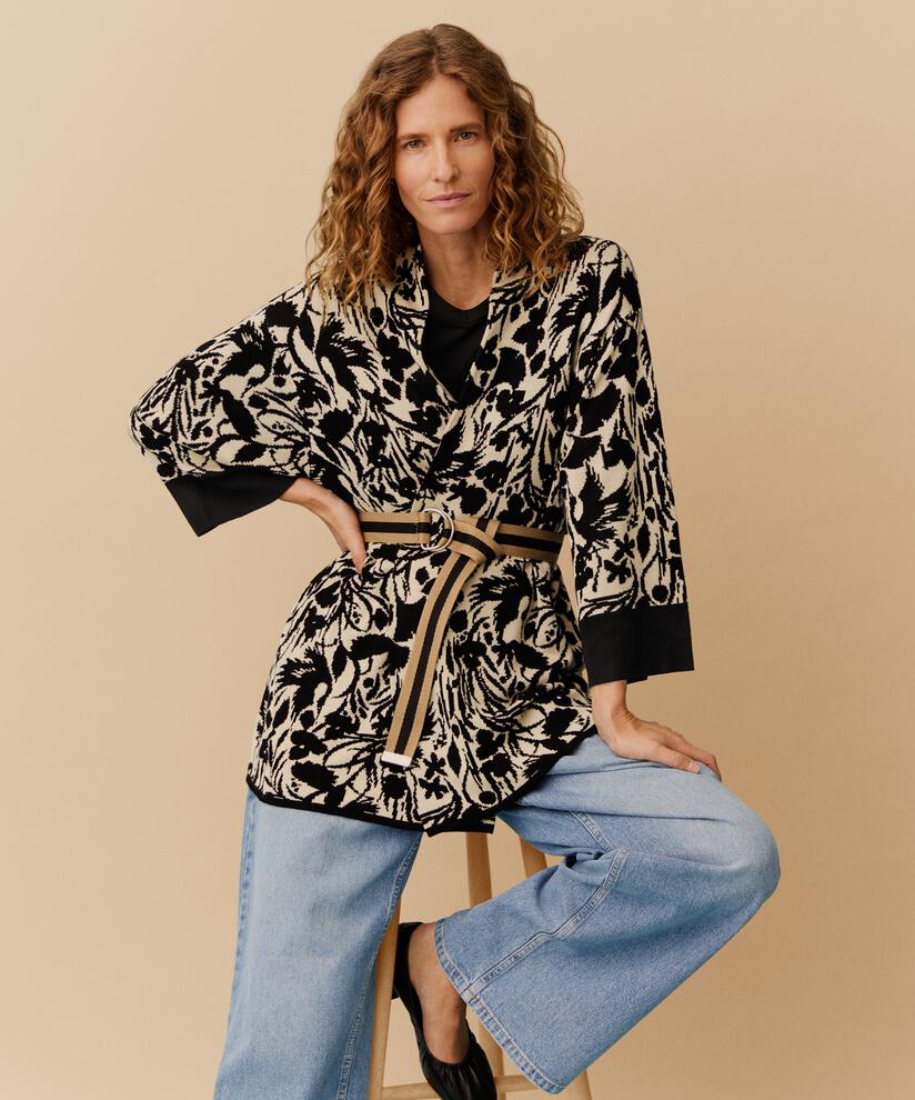 cardigan ouvert avec motif tricoté et bord contrasté, Black