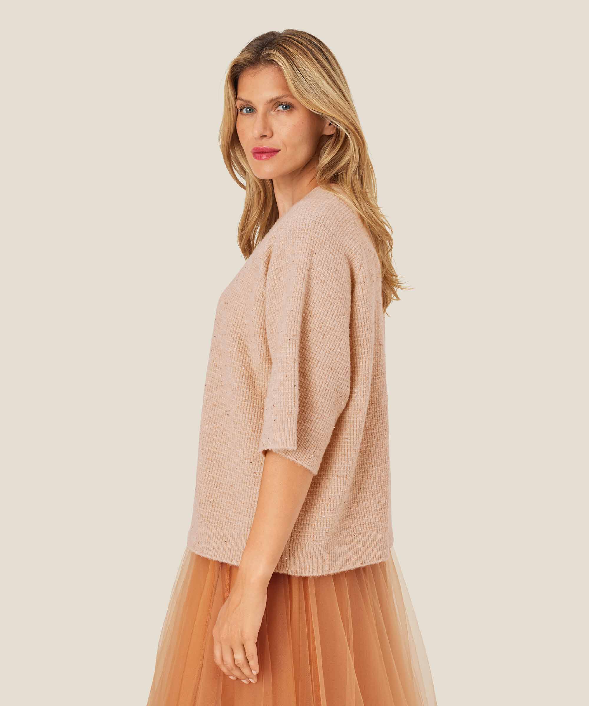 pull à manches courtes en laine mélangée avec paillettes, Bisquit