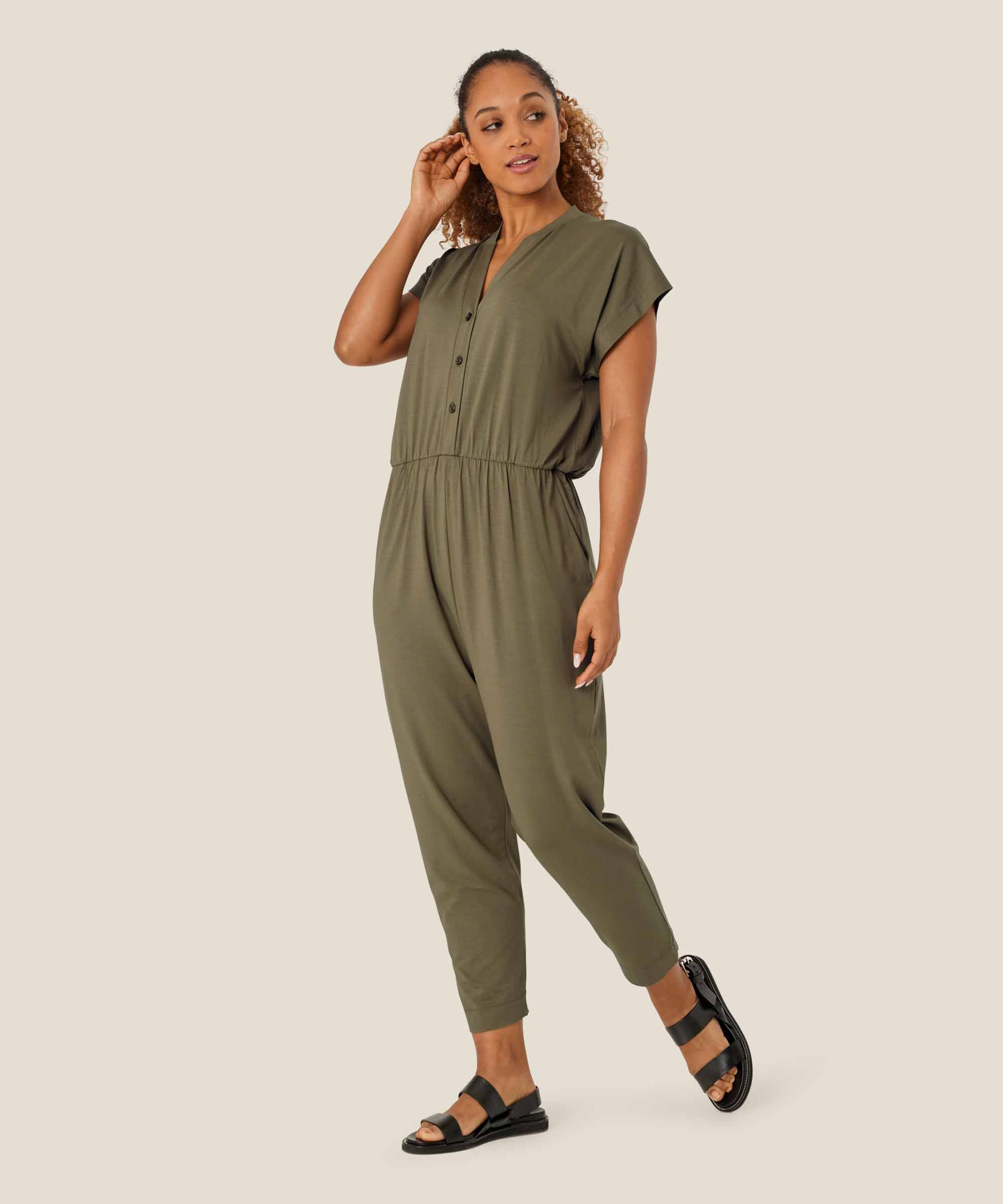 combinaison en jersey avec col en V et boutons, Dusky Green
