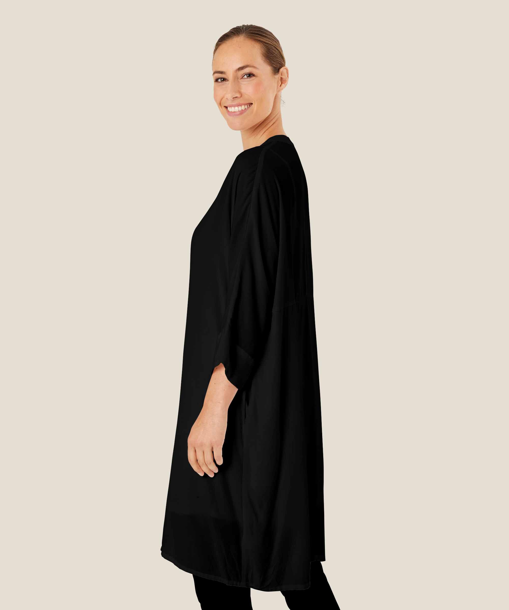 Robe Chemise En Viscose À Manches Trois-quarts, Black