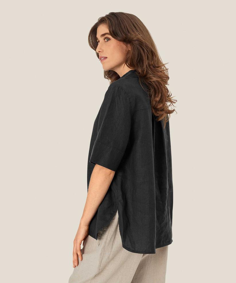 chemise en lin à manches courtes et col en V, Black