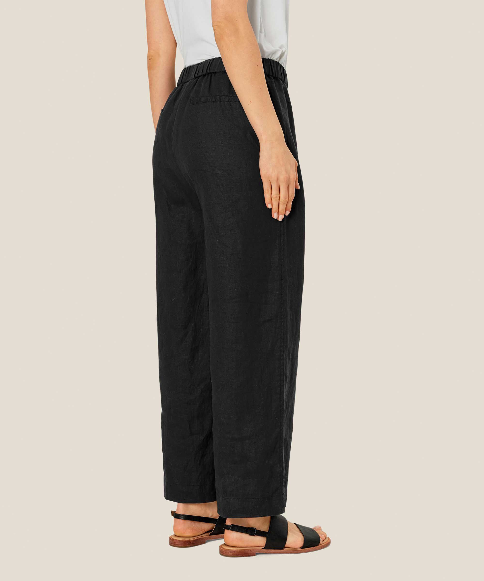 pantalon en lin à jambes larges et taille élastique, Black