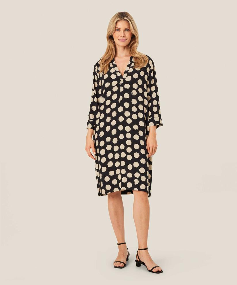 Robe en viscose imprimée avec col en V et poches fendues, Black