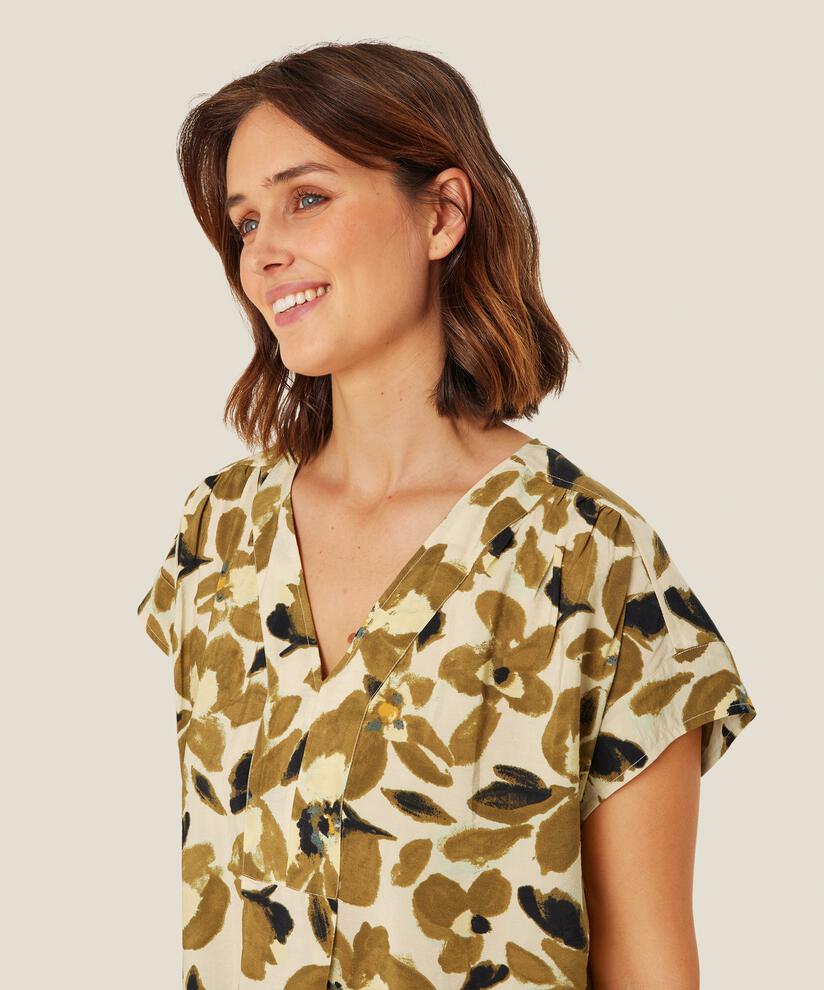 blouse en viscose avec col en V et plis au dos, Dull Gold