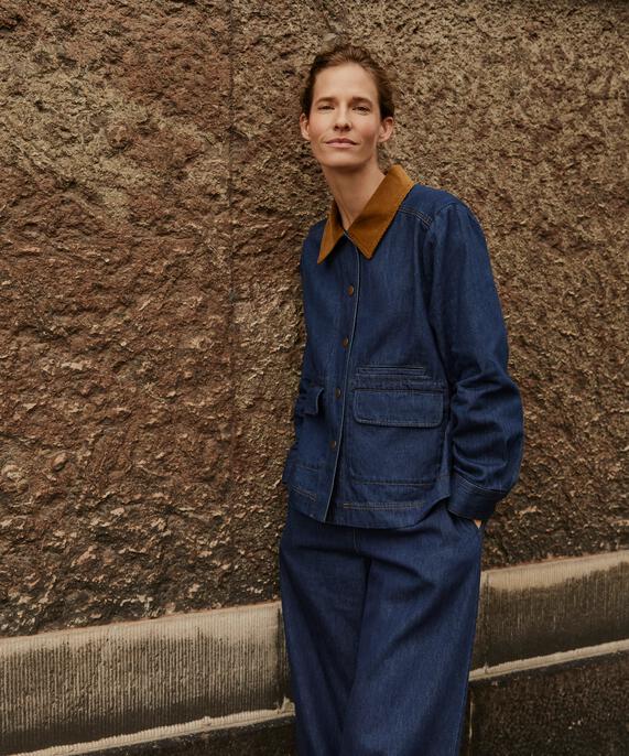 veste en jean avec col en velours et poches avant, Dark Denim