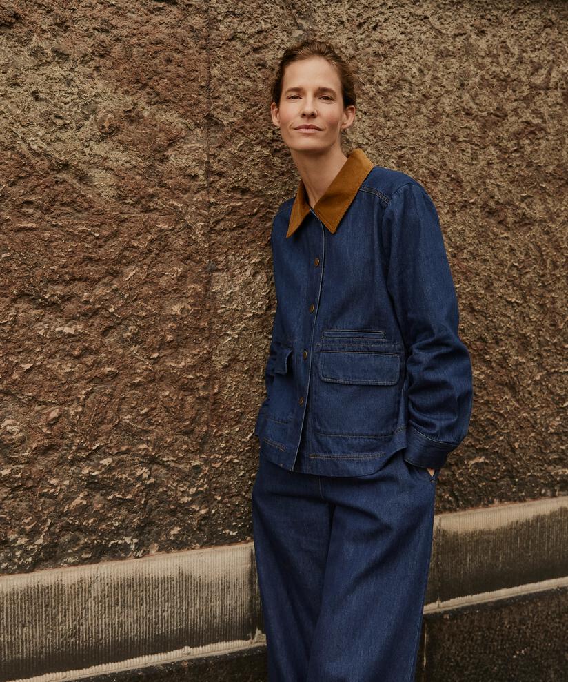 veste en jean avec col en velours et poches avant, Dark Denim
