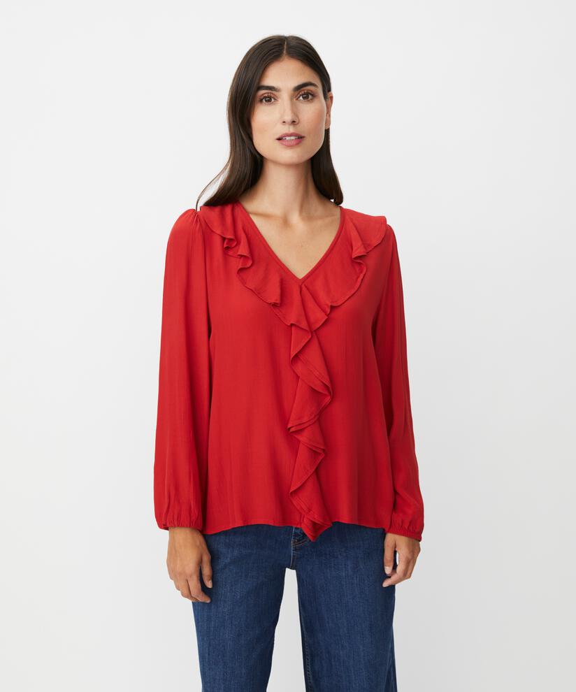 blouse en viscose à col en V et volants, Scarlet Sage