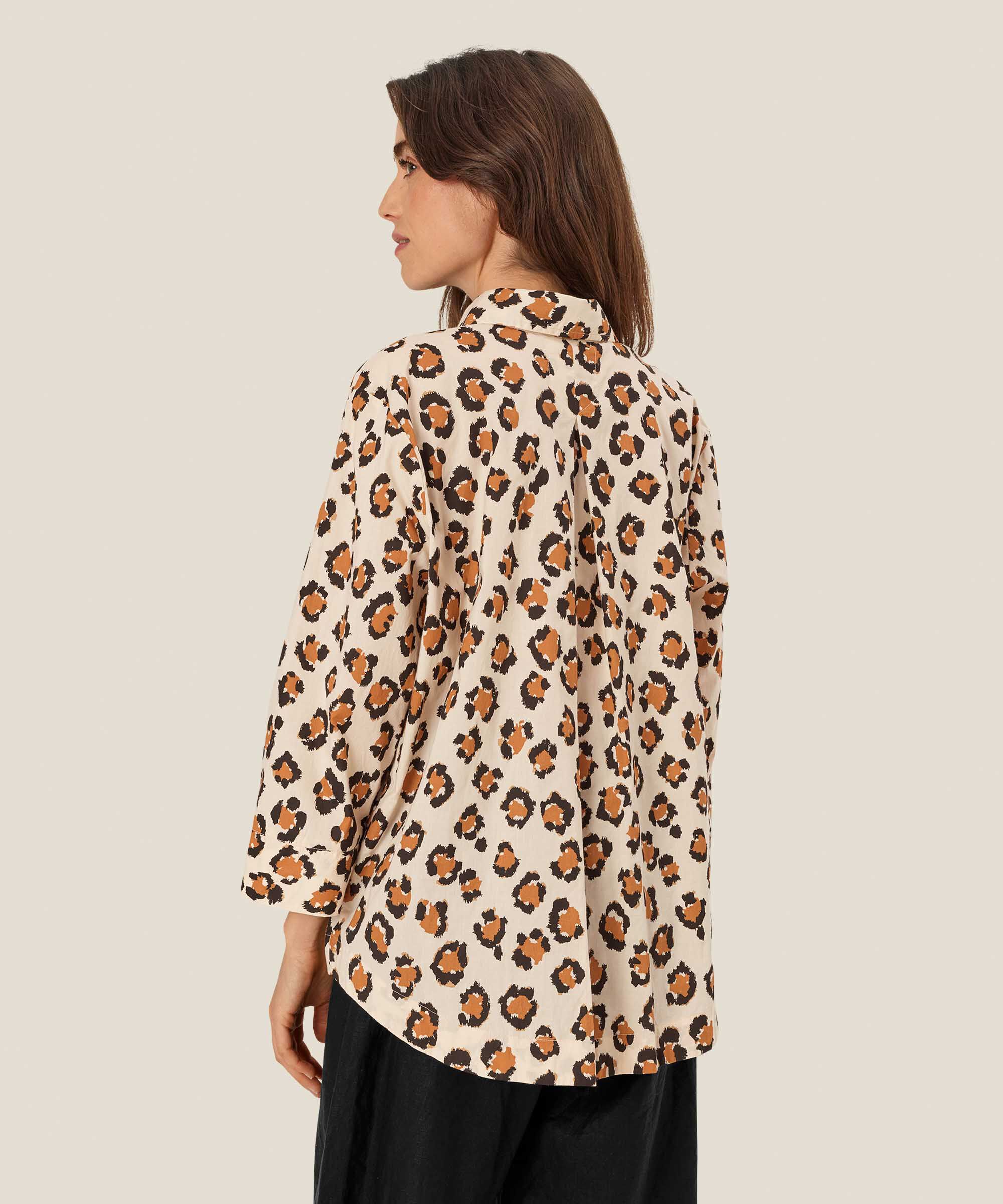 chemise en coton imprimé léopard à manches 3/4, Cashew