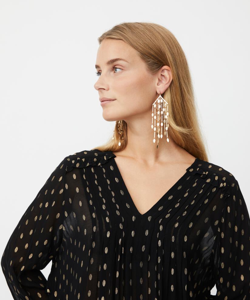 robe légèrement transparente à pois dorés et détails à volants, Black