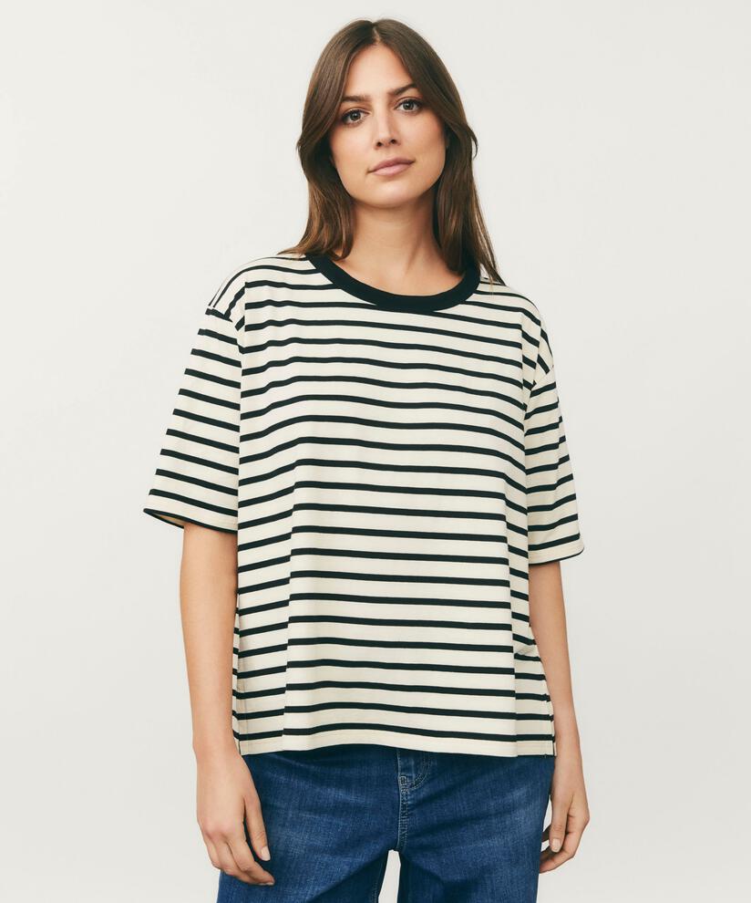 t-shirt rayé à col rond, Black