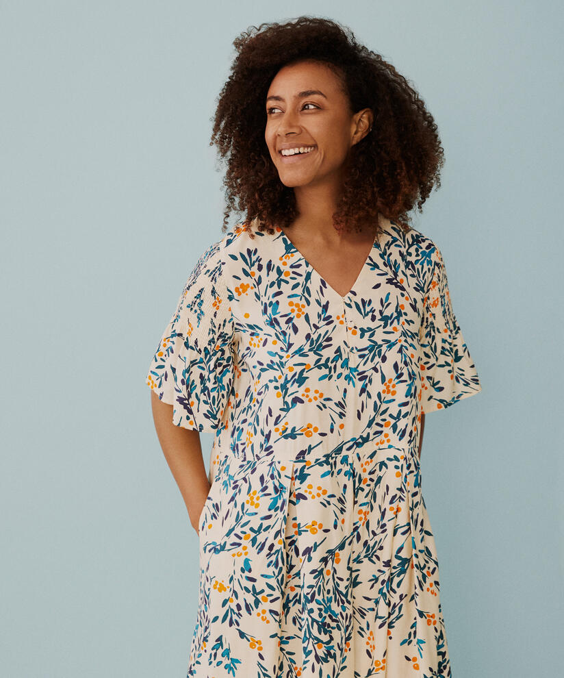 robe en viscose avec col v et smock sur les manches, Russ Orange
