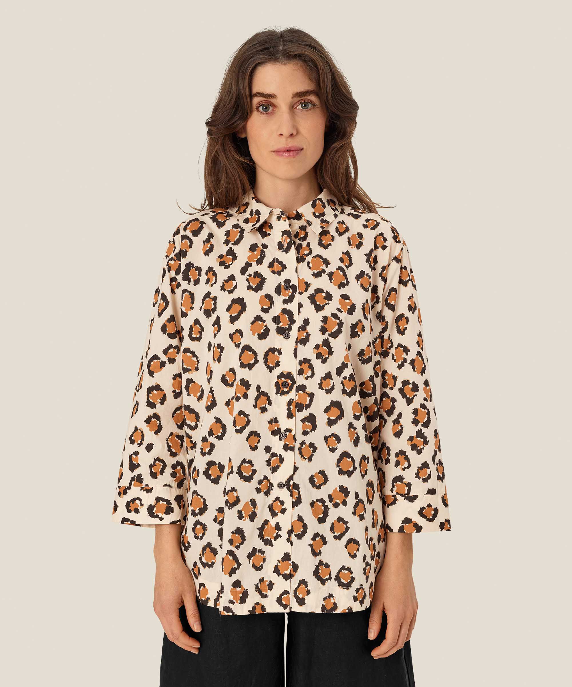 chemise en coton imprimé léopard à manches 3/4, Cashew