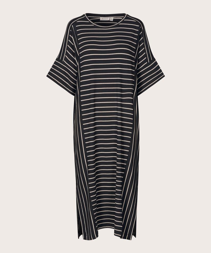 robe en jersey rayé à col rond, Black