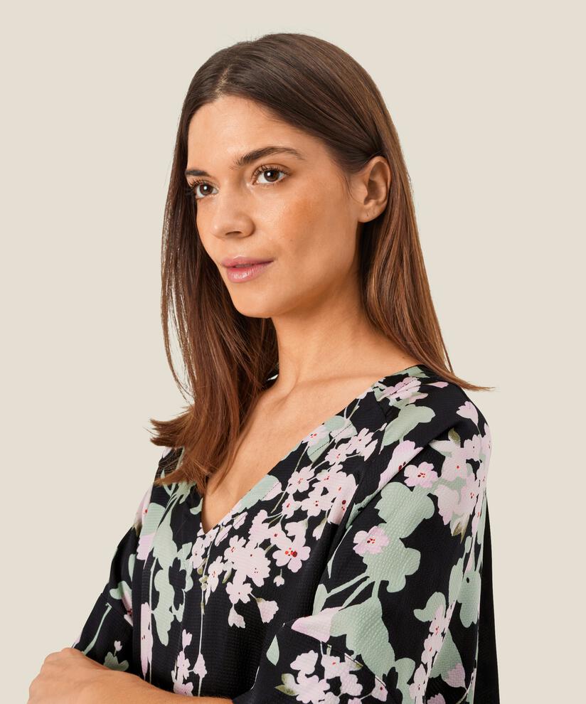 top fleuri en viscose à manches courtes, Pink Lady