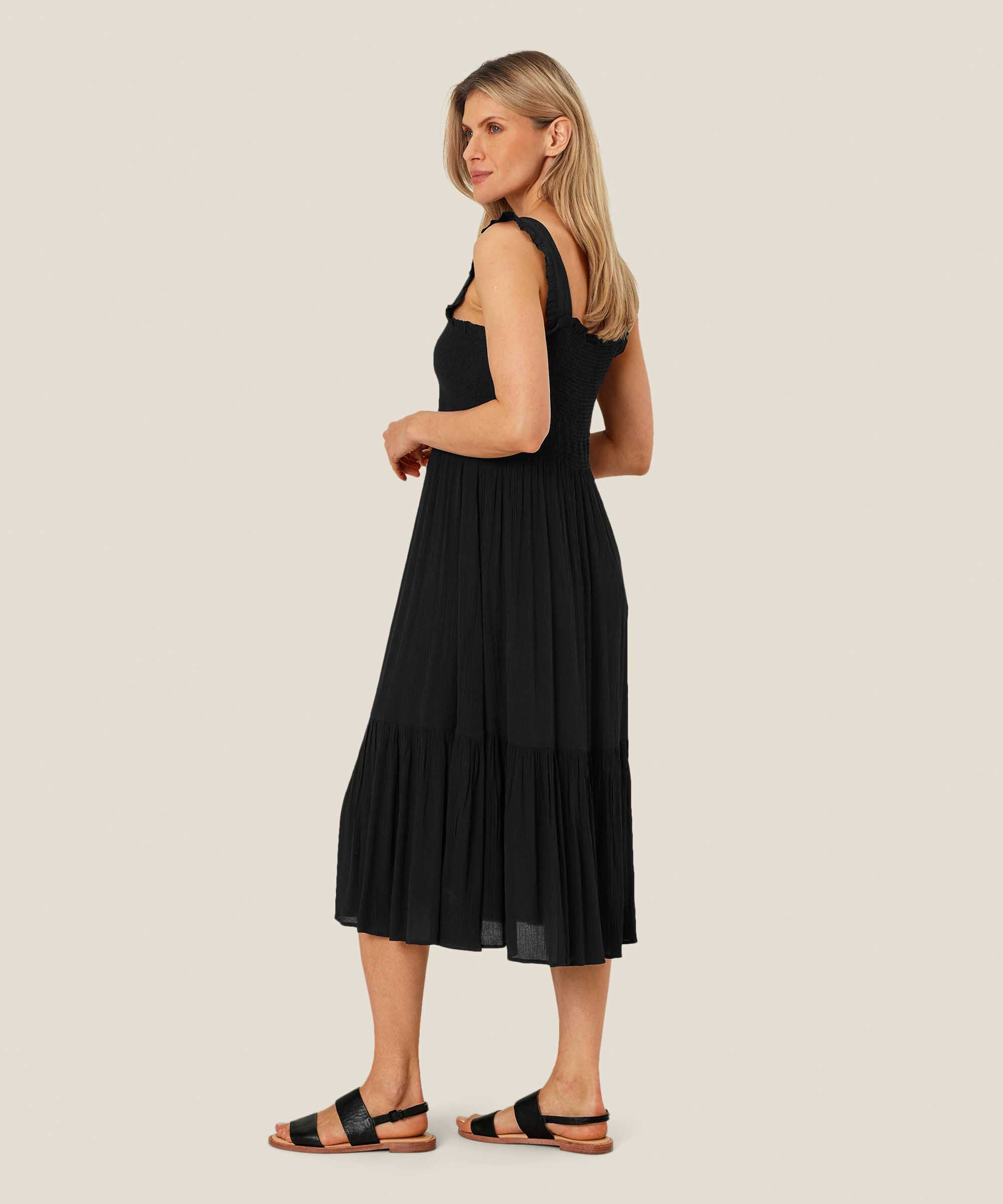 robe en viscose à bretelles et smocks sur la poitrine, Black