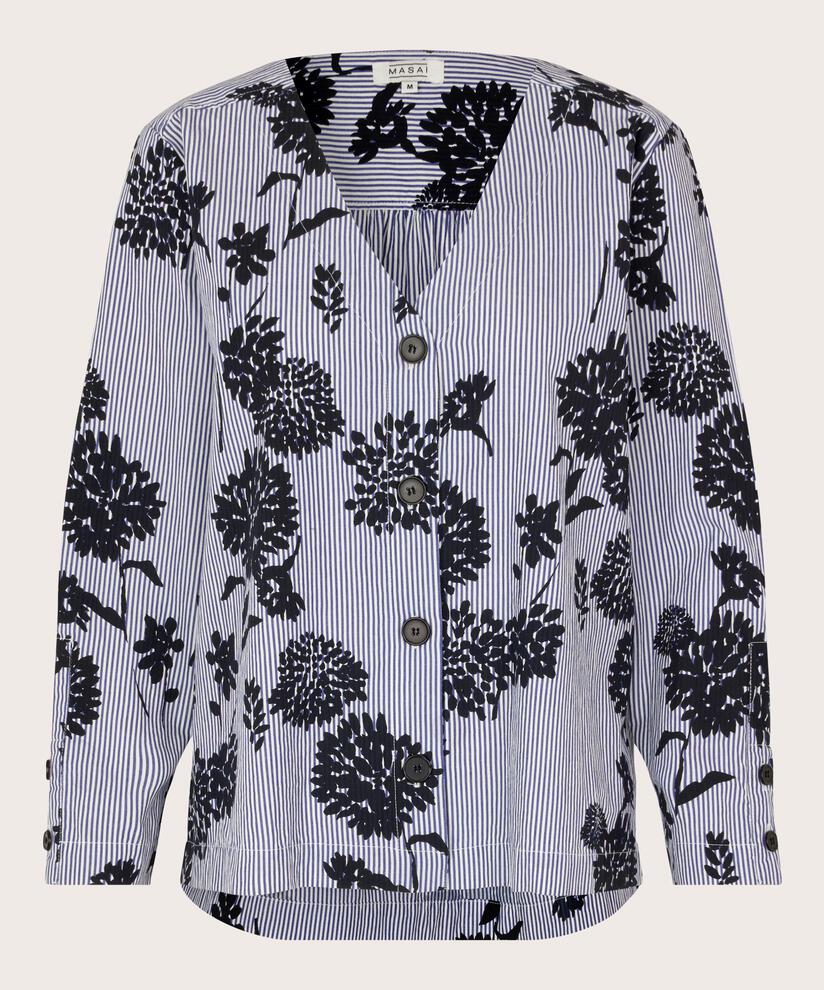 chemise en coton à motif avec col en V profond, Maritime Blue