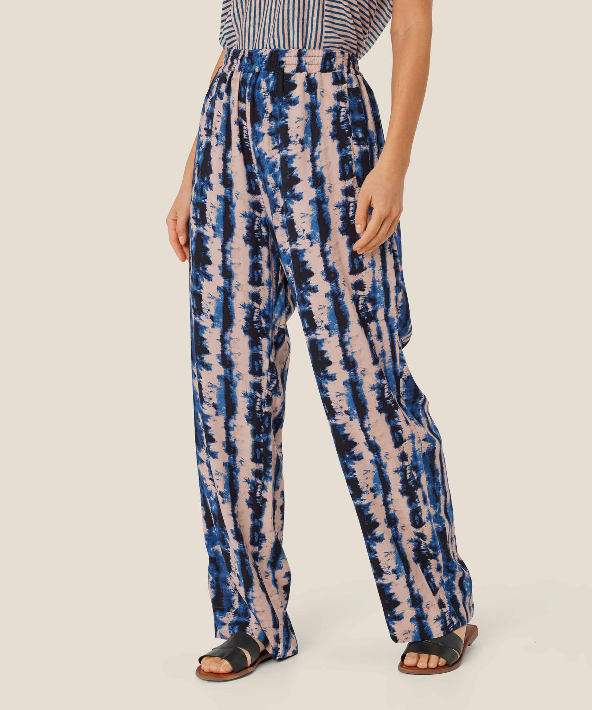 pantalon en viscose imprimé avec taille élastiquée, Navy Peony