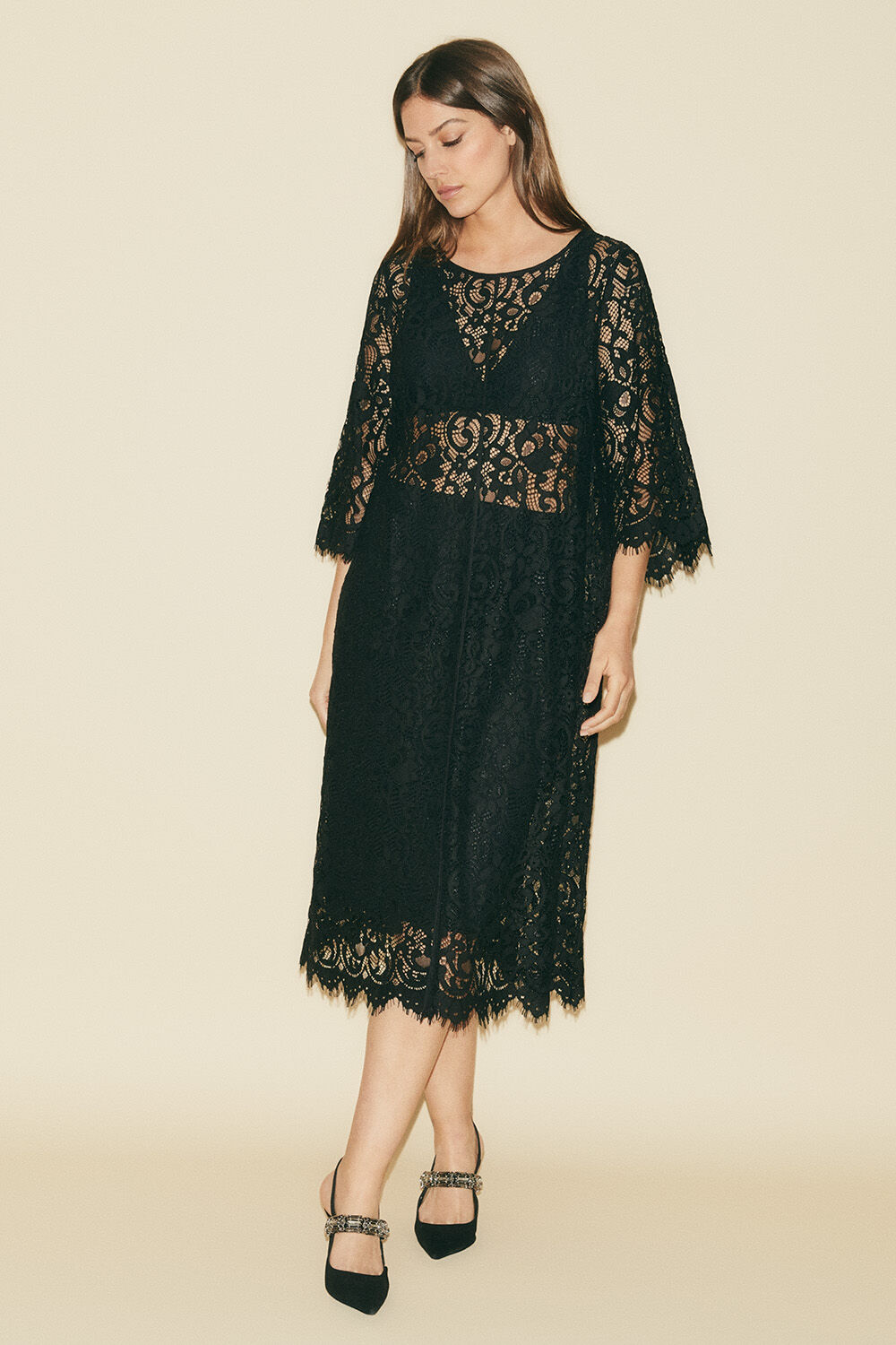 robe en dentelle transparente &agrave; franges - Black, jupon court &agrave; bretelles r&eacute;glables - Black