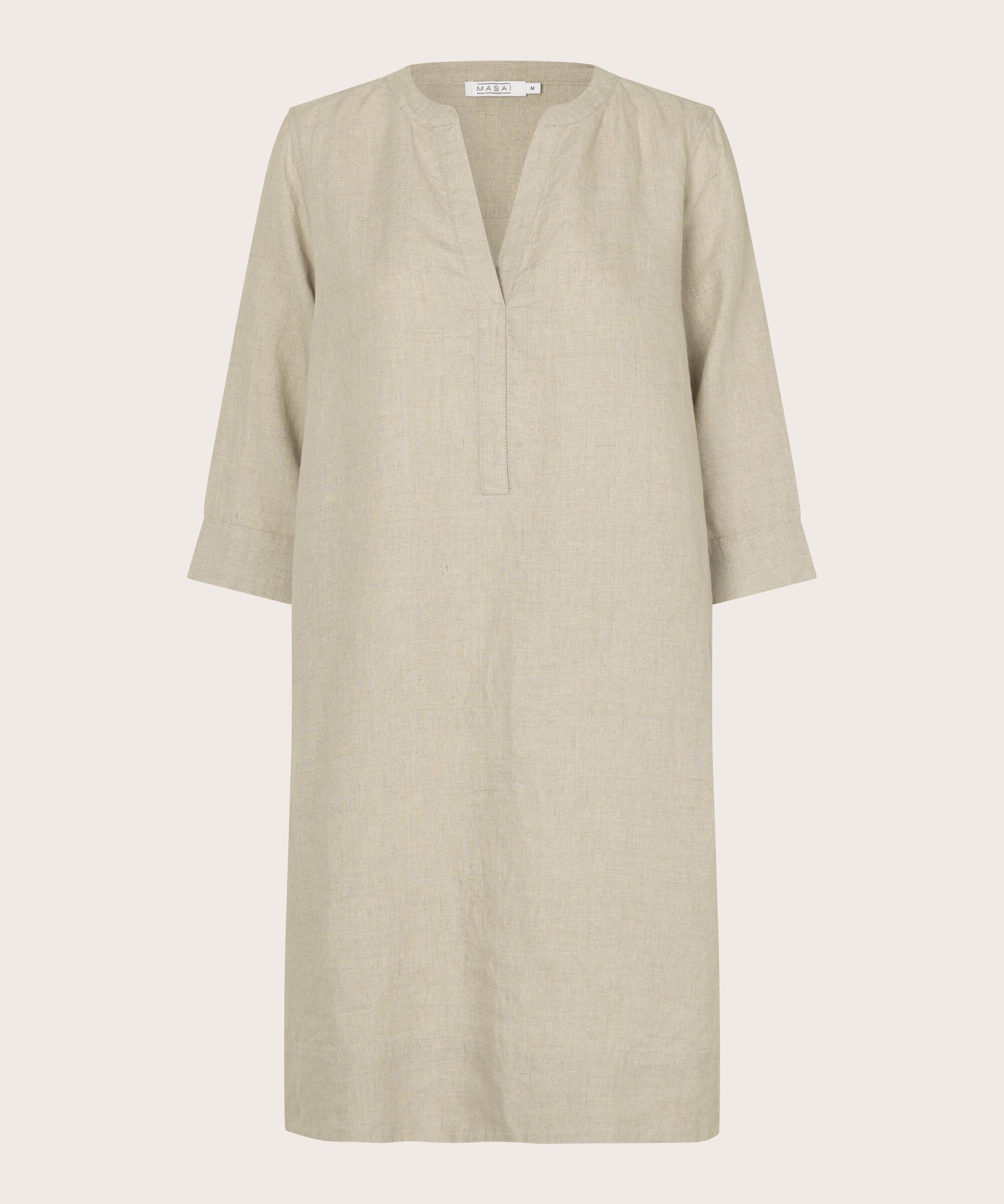 robe en lin avec col en V et poches fendues, Natural