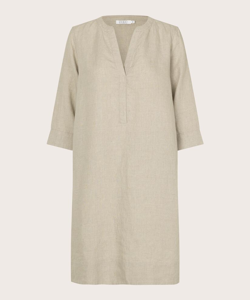 robe en lin avec col en V et poches fendues, Natural