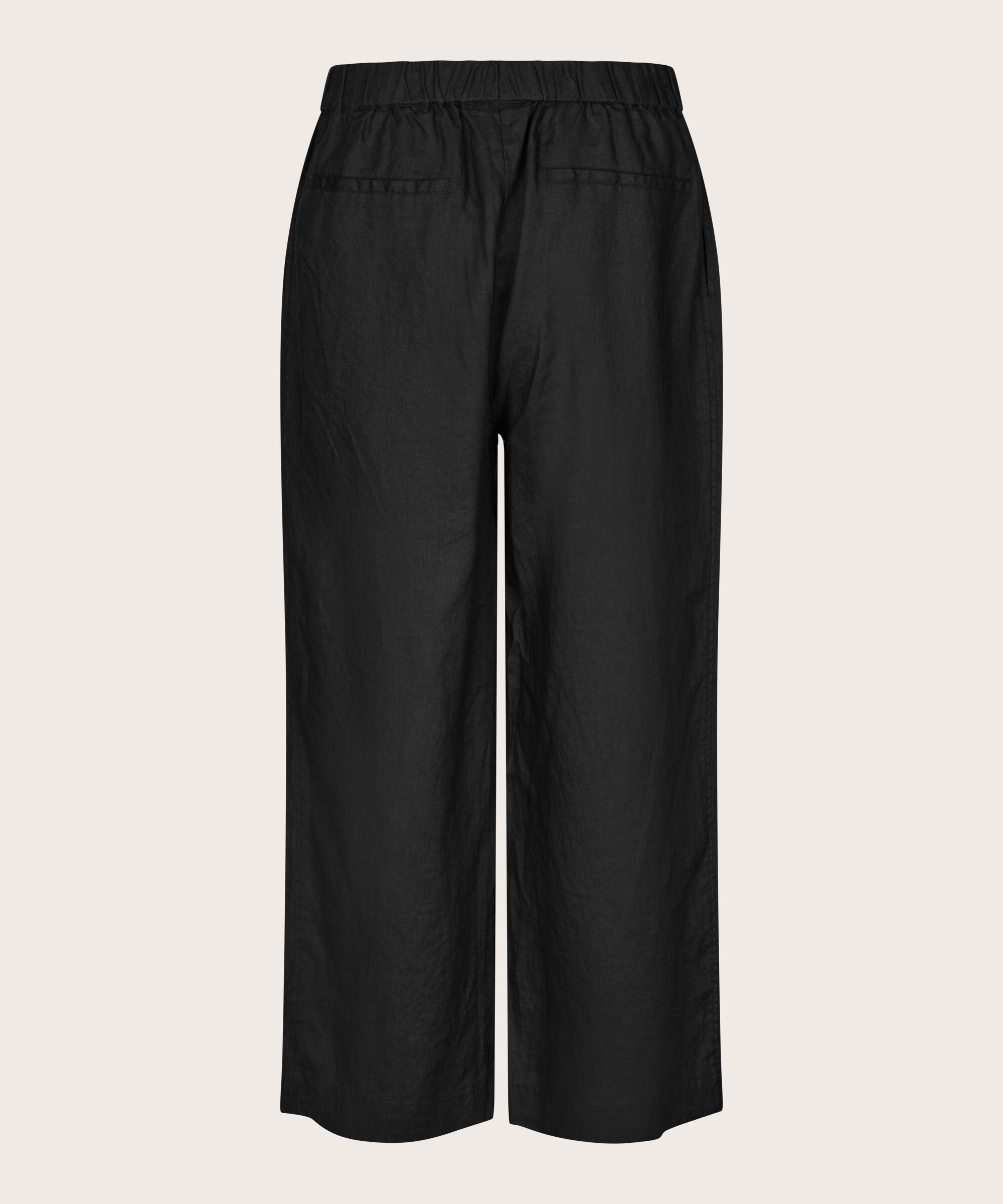 pantalon en lin à jambes larges et taille élastique, Black