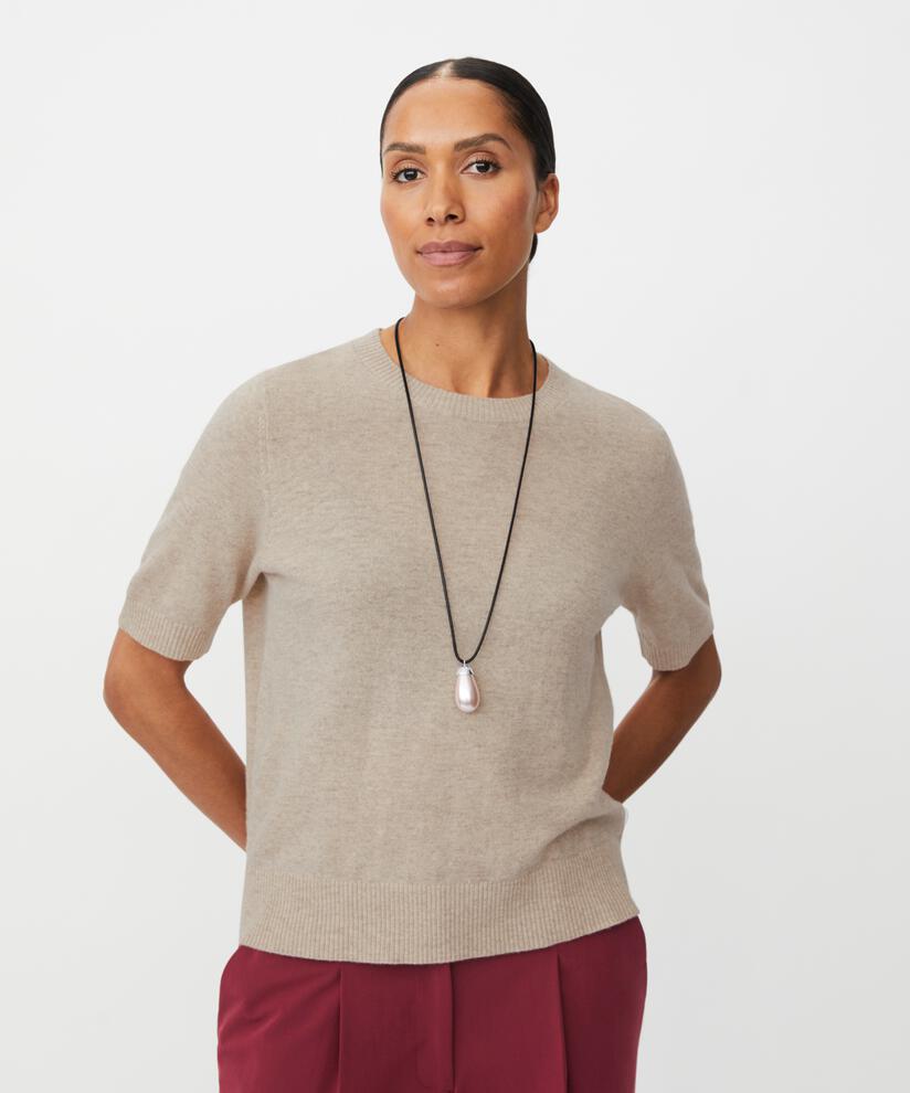 pull à manches courtes en laine mélangée, Beige melange