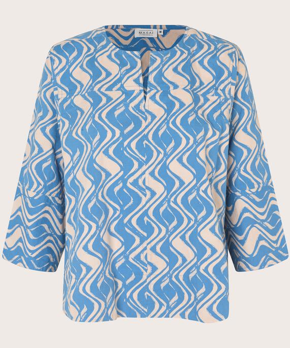 chemisier en coton mélangé à manches 3/4, Blue Bonnet