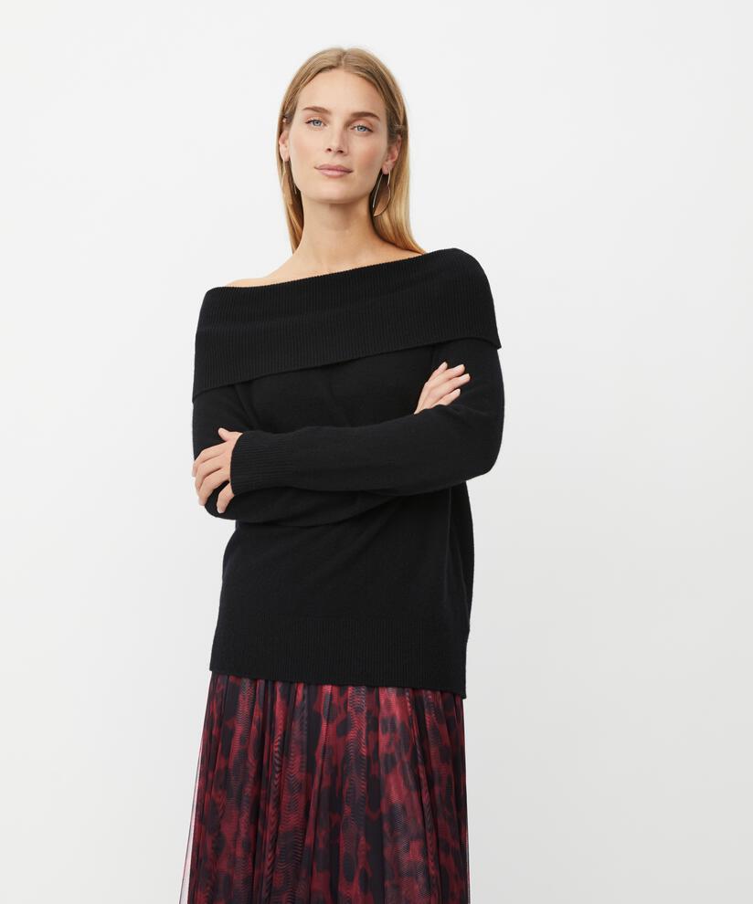 pull en tricot à épaules dénudées avec bords côtelés, Black