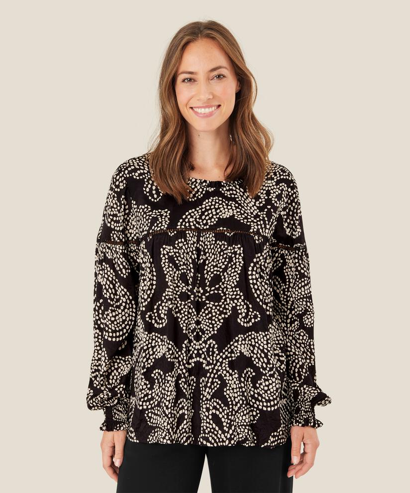 blouse avec volants au cou et dentelle, Black
