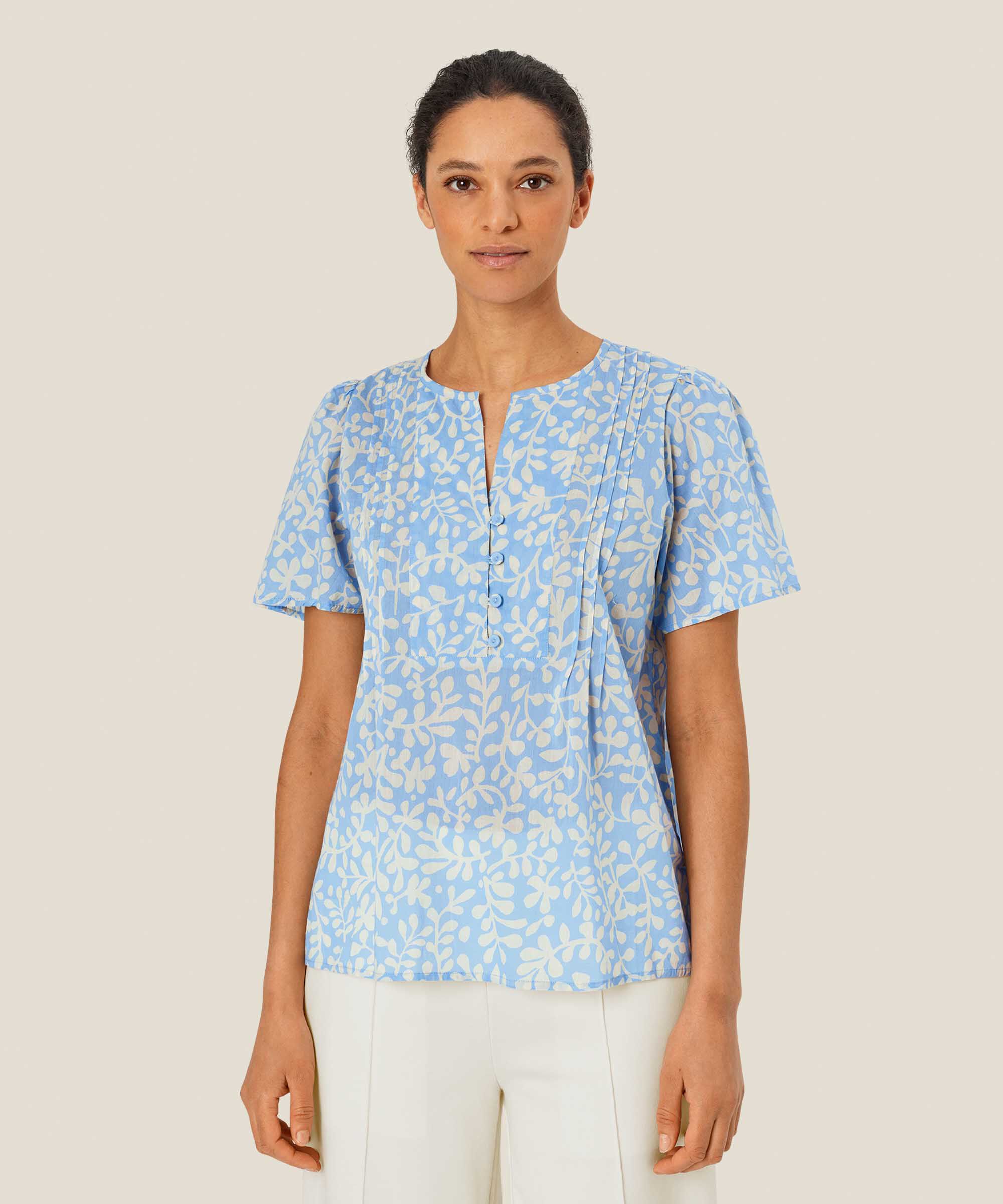 blouse en coton fleuri avec col en V, Della Blue